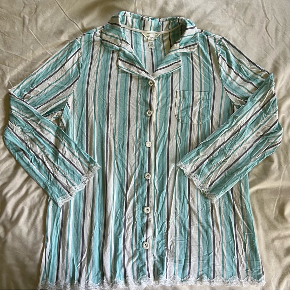 Soma Aqua and Gray Striped Pajama Top Size Large